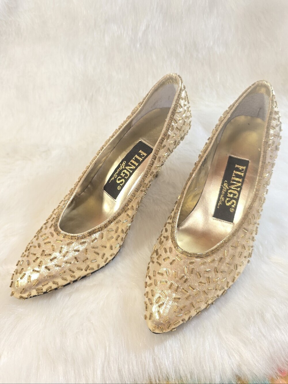 Flings After Six Women's Gold Lamé Beaded Pointed-Toe Women’s Pumps